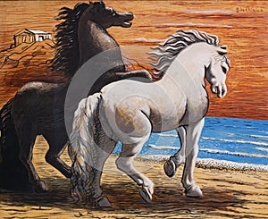 Horses galloping on the seashore, painting by Giorgio de Chirico